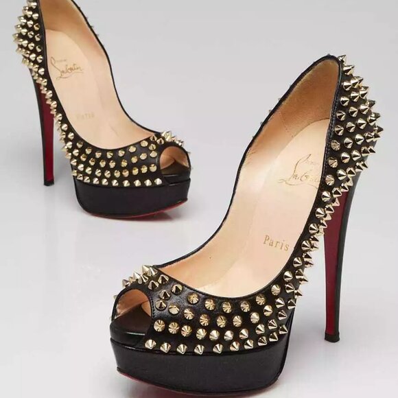 Christian Louboutin Leather Spiked Peep-Toe Platform Pump Size 5.5/36 295-050725